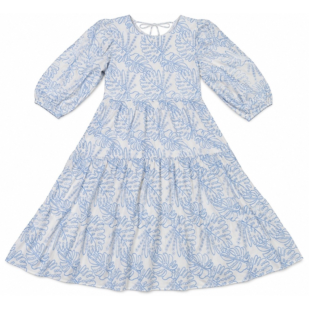 Review Dress Tropical Leaf Blue White Embroidered Eyelet Cotton Boho Small